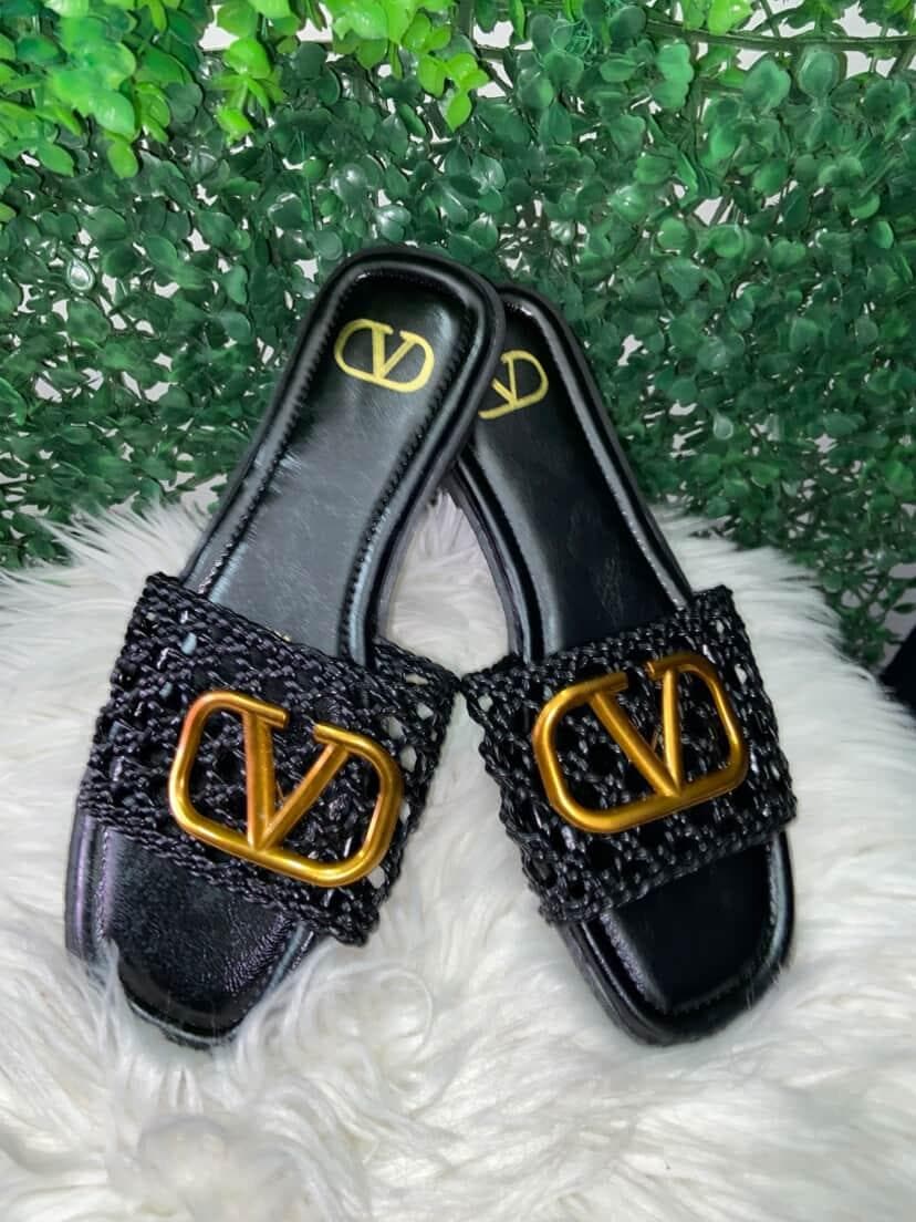 Valentino Slippers - Black 'Mesh' 'Gold'